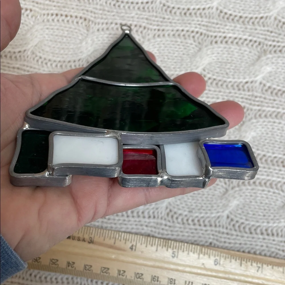 Stained Glass Christmas Tree Ornament w/ Gifts 4.75” H x 3.75” W good condition
